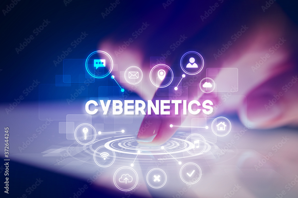 Finger touching tablet with web technology icons and CYBERNETICS inscription, web technology concept Finger touching tablet with web technology icons and CYBERNETICS inscription, web technology concept