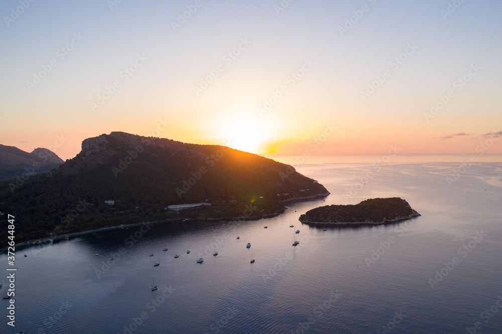 Aerial drone phpotography of sunset Mallorca landscape 