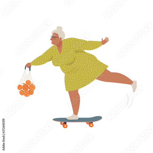 Elderly woman riding skateboard or longboard with shopping string bag. Recreational and healthy sport activities for grandmother. Flat cartoon vector illustration.