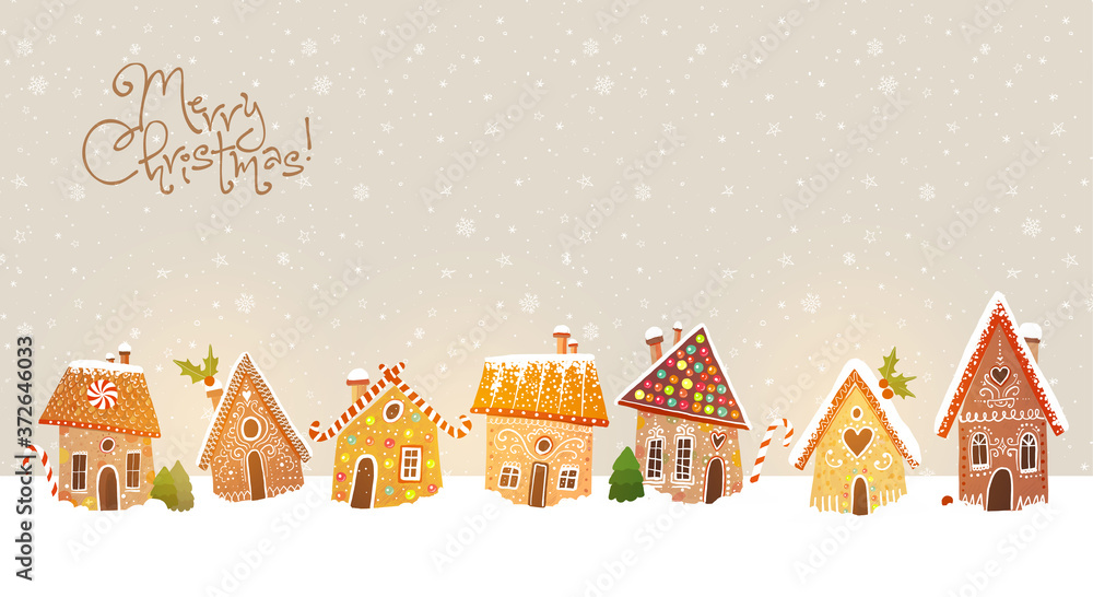 Christmas greeting card with cute gingerbread houses - obrazy, fototapety, plakaty 