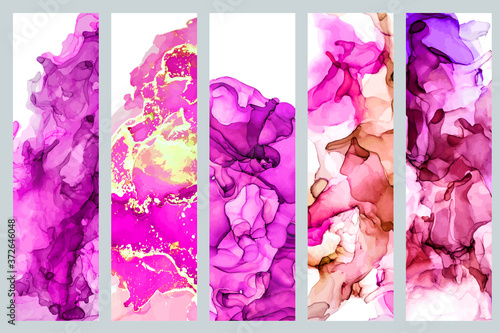 Set of five bookmarks decorated with liquid watercolor texture