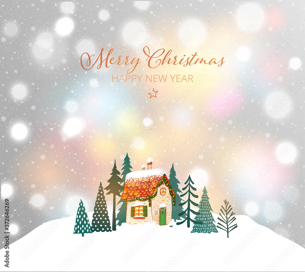 Christmas greeting card with cute little house and trees on snow background