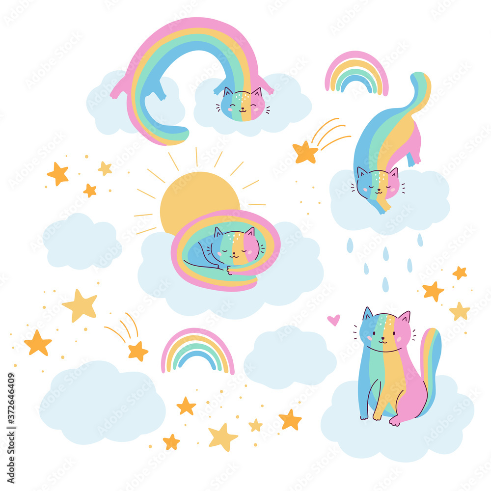 Kawaii rainbow cats on clouds. Fantasy vector illustration for kids. Hand drawn kittens, sky, sun and stars. Doodle animals.