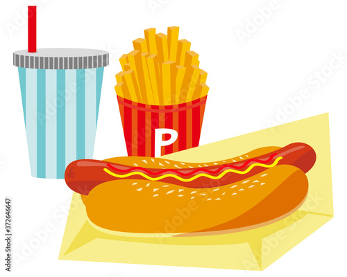 フライドポテトとドリンクとホットドックセットのベクターイラスト