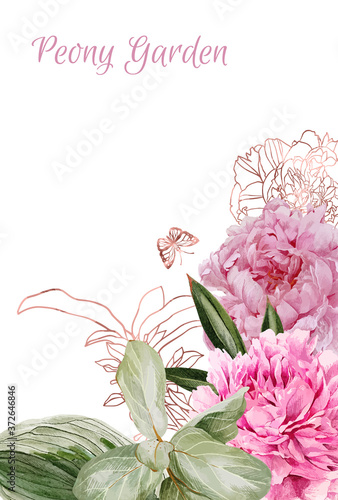 Lush peonies, flowers and rose gold floral elemets