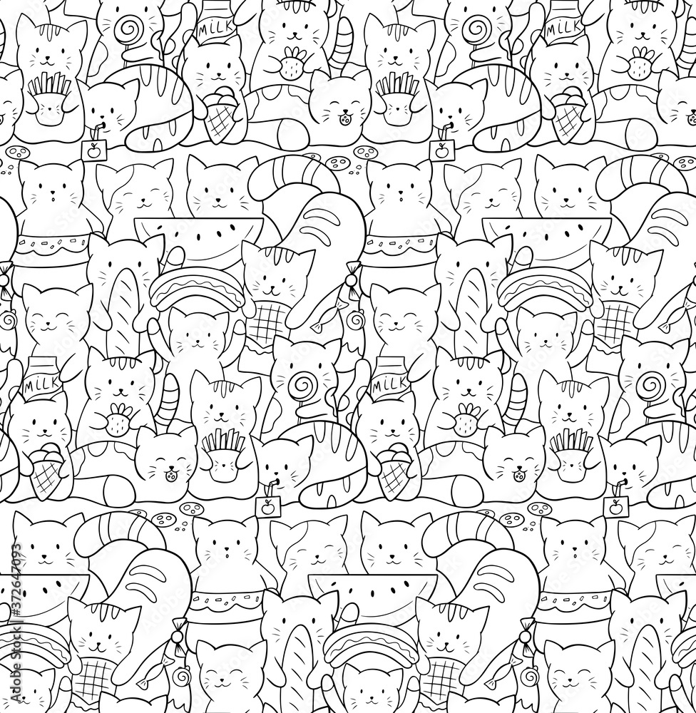Vector seamless pattern with cute kawaii cats. Kittens with fast food and sweets. Doodle black and white illustration. Perfect for print on fabrics, paper, wallpaper and scrapbooking. Coloring page.