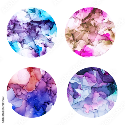Round posters set, wet watercolor background, violet shades