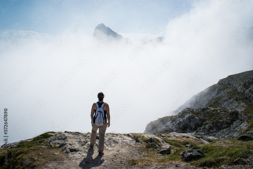 Fototapeta premium unrecognizable woman looking at a mountain