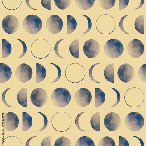 Vector blue moon phases yellow seamless pattern