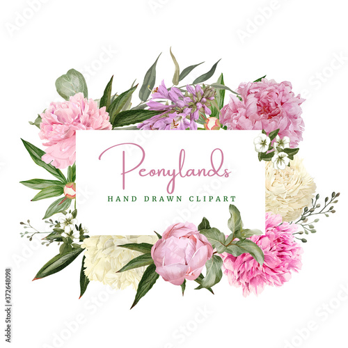 Decorative watercolor floral frame, white and pink peonies