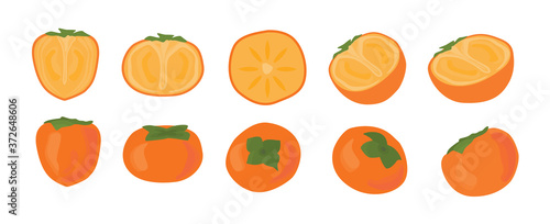 Set of persimmon fruit. Half cutted and whole piece. Slices of Kaki or date plum. Vector cartoon illustration for Korean Chuseok holiday in flat style. Autumn harvest. 
