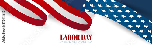Labor Day banner. USA national federal holiday header design. American flag waving ribbon background. Realistic vector illustration.