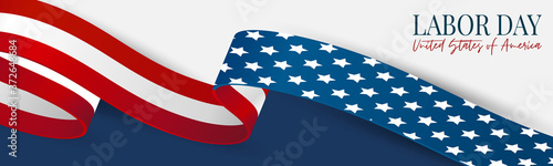 Labor Day banner. USA national federal holiday header design. American flag waving ribbon background. Realistic vector illustration.