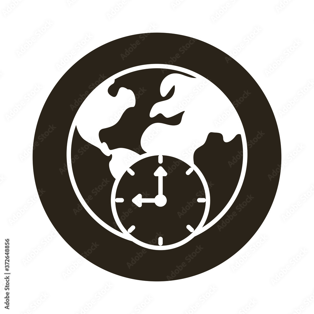world planet earth with continents and time clock block style icon world planet earth with continents and time clock block style icon