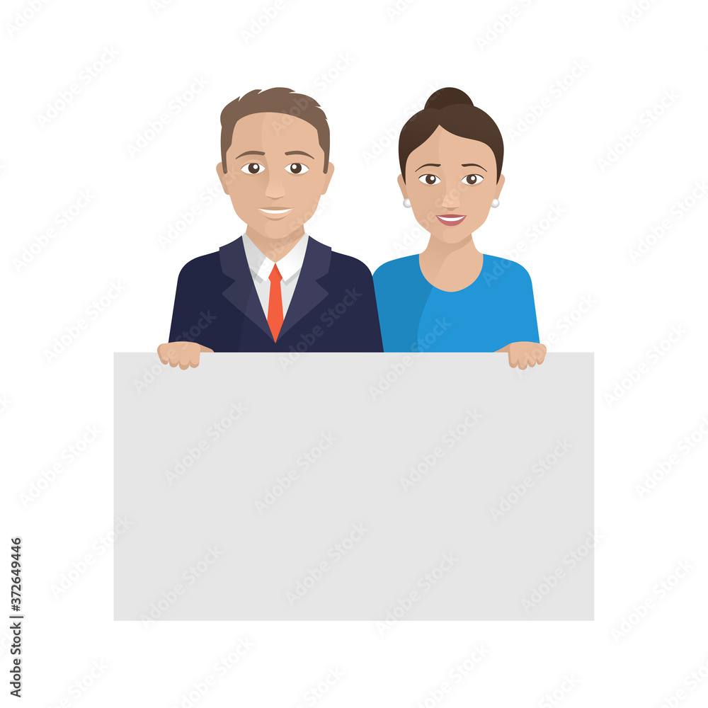 People with banner - young couple (man and woman) holding white board - vector template for message, social slogan, offers. People with banner - young couple (man and woman) holding white board - vector template for message, social slogan, offers.
