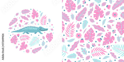 Seamless kid pattern and illustration with crocodile and leaves. Cute pajama design.