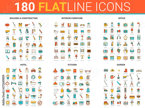 Flat thin line icons, vector illustration creative modern design collection with city house building construction, interior furniture for home, hotel office or kitchen and garden tools outline set