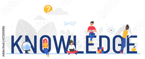 Knowledge word vector illustration. Cartoon flat tiny booklovers woman man characters reading books for education, reader people sitting next to big letters, educational concept isolated on white