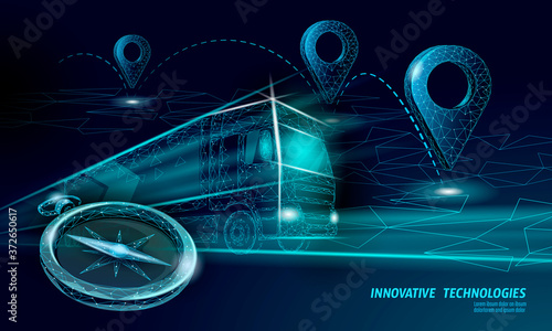 3D map point location business symbol. Realistic icon polygonal delivery worldwide truck car. Shipping online shopping direction city address position pin vector illustration