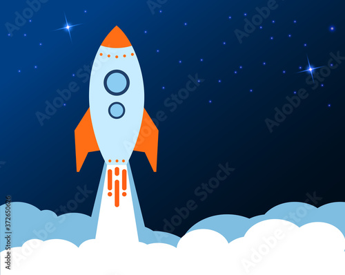 Blue rocket takes off into stars space in a cloud of steam. rocket space ship in flat style. concept Start up Business. Dark Vector Illustration.