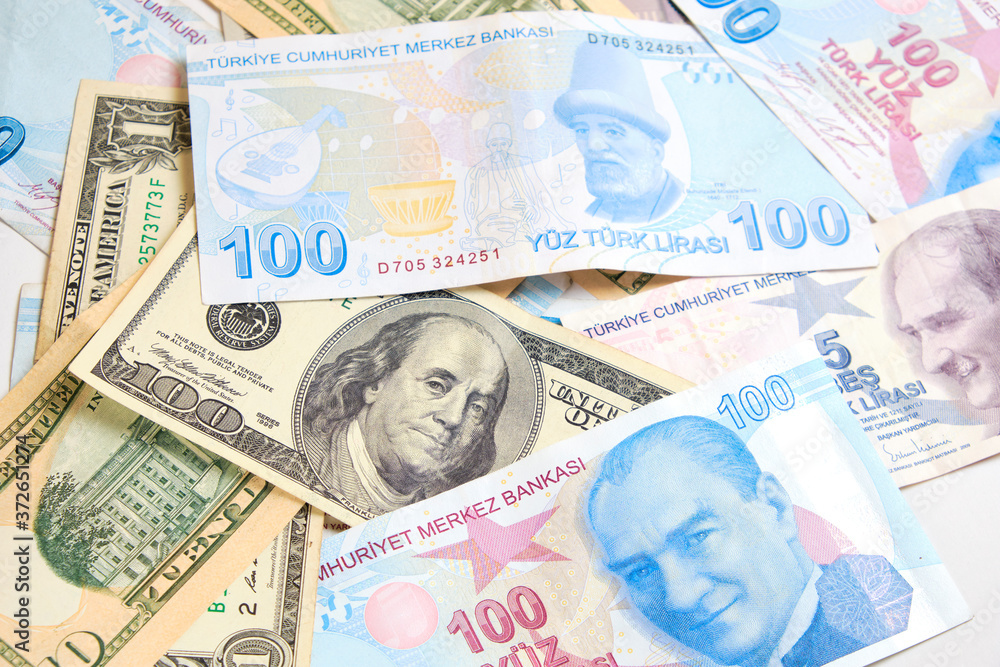Turkish lira and united states dollars isolated Turkish lira and united states dollars isolated
