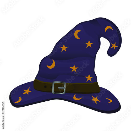 Dark purple wizard hat with stars and moon. Vector illustration