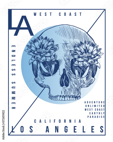 Vector skull illustration with flowers. For t-shirt prints, posters and other uses.