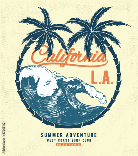 Retro California beach vector graphic for t-shirt prints, posters and other uses.