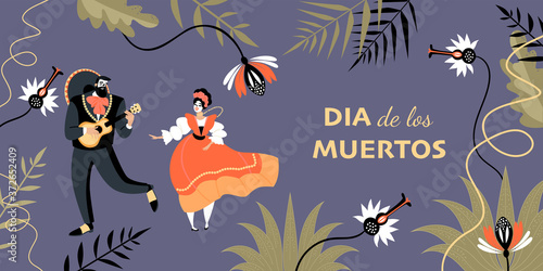 Dia de los muertos banner with a funny couple in traditional Mexican clothes and painted faces dancing and playing guitar