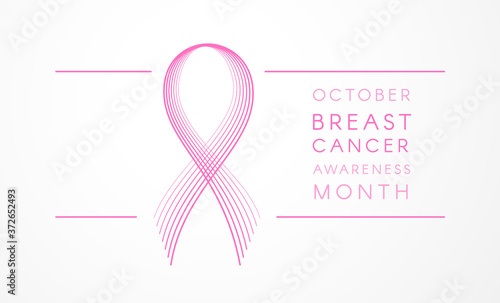 Breast cancer awareness month banner with pink ribbon on white background. Creative breast cancer sign in line blend style