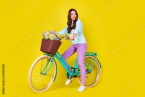 Full body size photo of stunning gorgeous student girl on retro extraordinary bike make break after long ride wear blue pullover violet pants isolated vibrant yellow color background © deagreez