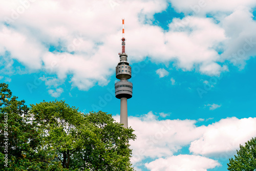 Dortmund, Germany - June 2019: The Florianturm, Florian Tower, Florian is a telecommunications tower on blue sky backgrund