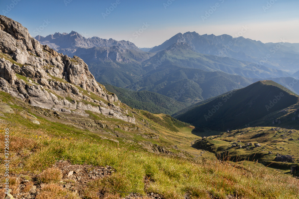 Views from the top of Mount Coriscao in León with views of the Picos de Europa of Asturias on a clear day with all the mountains in the background