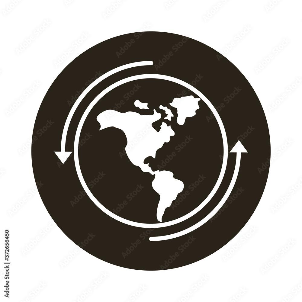 world planet earth with america continent and arrows around block style world planet earth with america continent and arrows around block style