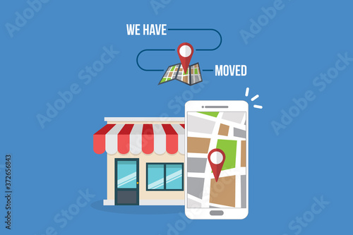 Fototapeta Naklejka Na Ścianę i Meble -  We Have Moved Sign with Smart phone & Shop icon to convey moving