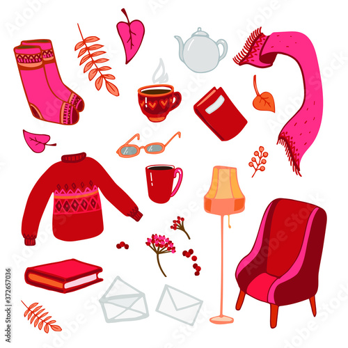 autumn home doodle set in red colors