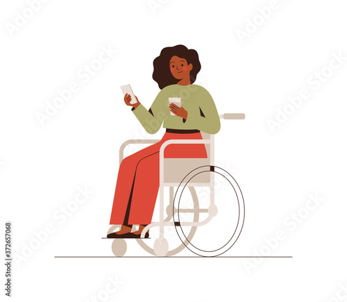 The black businesswoman is sitting in a wheelchair with a mobile phone at the break time. Young dark skin disabled girl drinking coffee and using a smartphone. Flat cartoon vector illustration.