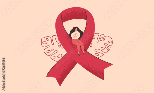 Breast cancer awareness and prevention month banner. Young woman sits on a big pink ribbon. The concept of support and solidarity with women fighting oncological disease. Vector illustration