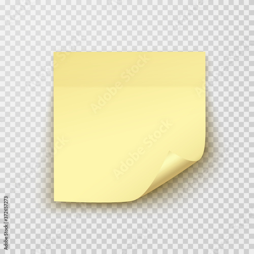 Office memo paper sheet or sticky sticker with curl corner isolated on a transparent background. Vector yellow post note for your design.