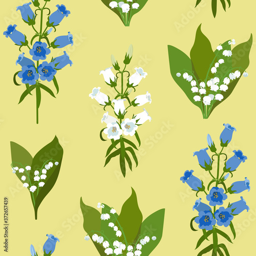 Seamless vector illustration with lily of the valley and campanula