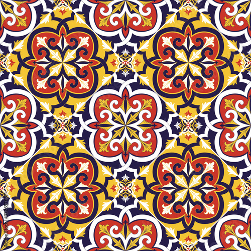 Italian tile pattern vector seamless with mosaic motifs. Sicily majolica, portuguese azulejos, mexican talavera, venetian, spanish ceramic. Vintage background for kitchen wall or bathroom floor.