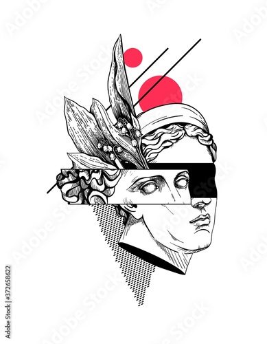 Creative trendy abstract poster with goddess. Concept art sculpture of Diana or Artemis, flower, geometric shapes. Bust of female head. Hand drawn sliced, vaporwave design. Vector stock illustration.