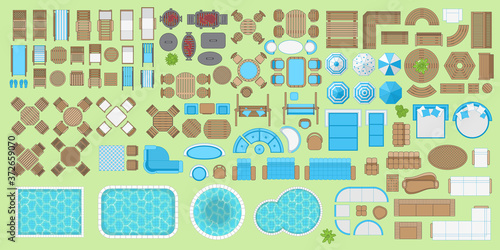 Outdoor furniture and patio items. (top view) Icons set. Tables, benches, chairs, sunbeds, paths, pool, swings, umbrellas. (view from above). Furniture store.