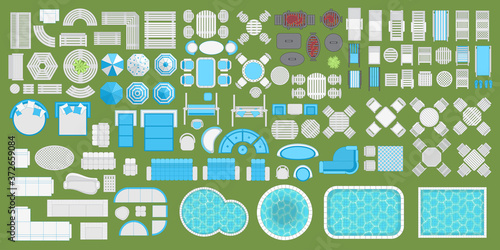 Outdoor furniture and patio items. (top view) Icons set. Tables, benches, chairs, sunbeds, paths, pool, swings, umbrellas. (view from above). Furniture store.
