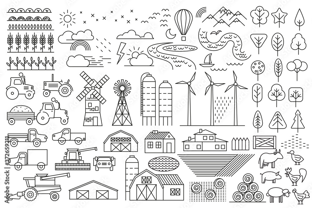 Linear vector set. Green farm. Fields, vegetable gardens, hangars, buildings, barns, agricultural machinery. Collection of linear icons. Eco farm. 