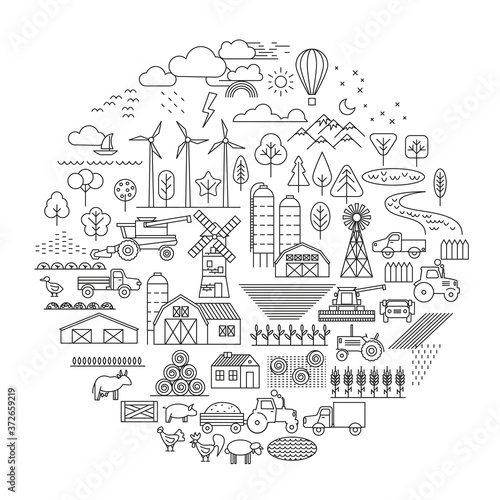 Green farm. Fields, vegetable gardens, hangars, buildings, barns, agricultural machinery. Collection of linear icons. Eco farm. 