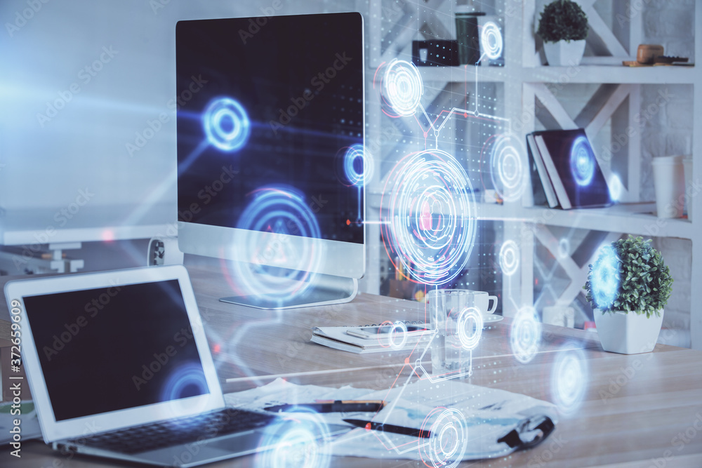 Multi exposure of computer on background and technology theme drawing. Concept of innovation. Multi exposure of computer on background and technology theme drawing. Concept of innovation.