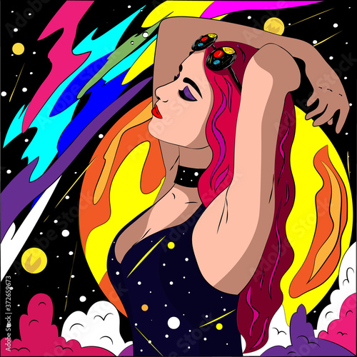 Young woman with raised hands against the background of the cosmic abstract sky. Illustration in bright grunge style