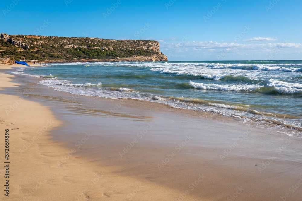 Son Bou beach, one of the most popular beaches on the island of Menorca. Spain.