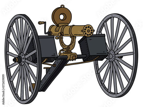 The vectorized hand drawing of an old Gatling multi barrel machine gun